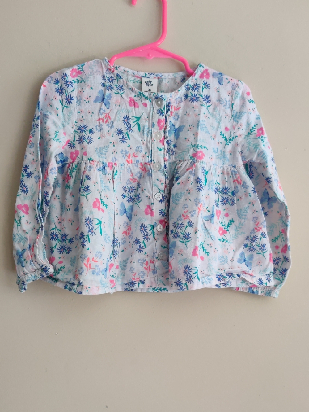 Baby B'gosh Girls White Floral Button-Up Peplum Blouse - Long Sleeve Size 3T